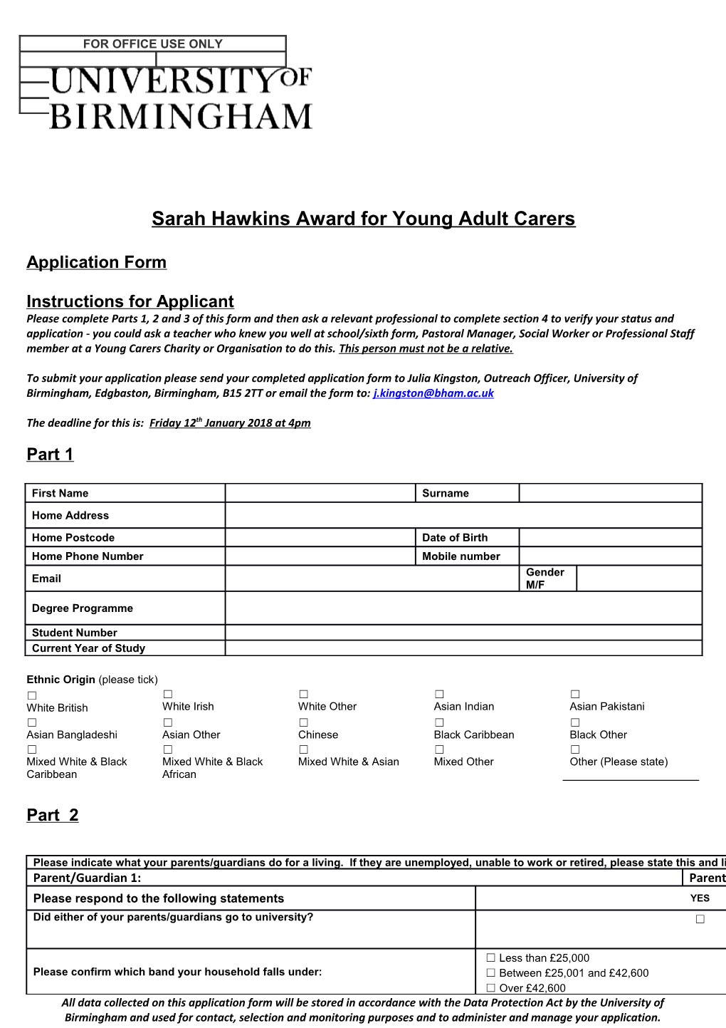Sarah Hawkins Awardfor Young Adult Carers