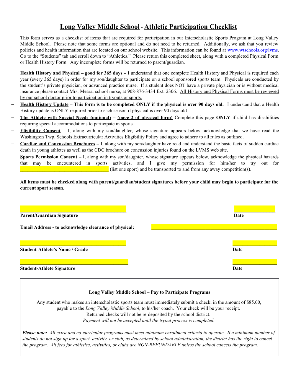 Long Valley Middle School - Athletic Participation Checklist