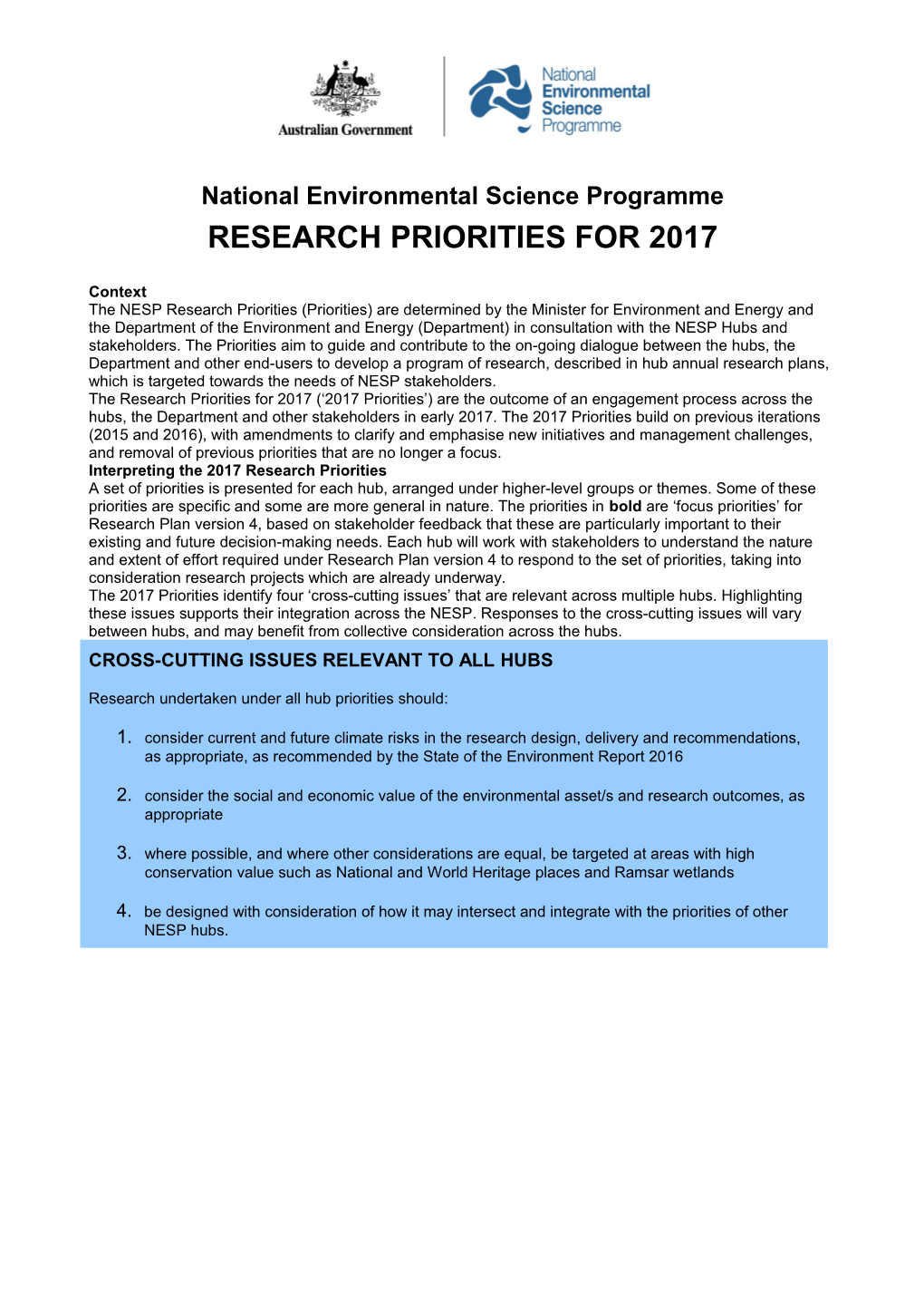 NESP Research Priorities 2017