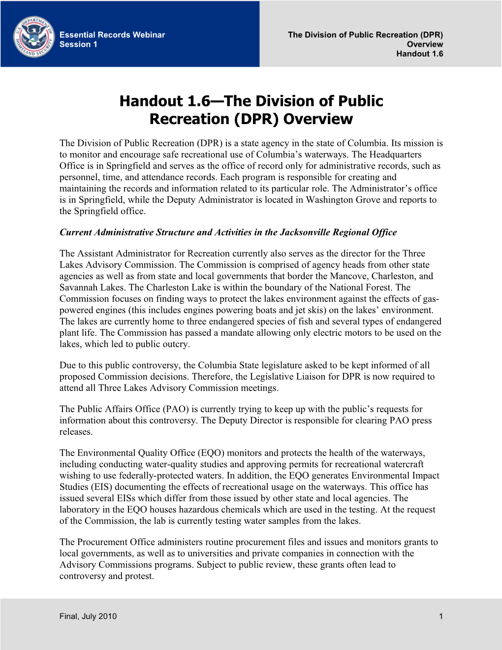 Handout 1.6 the Division of Public Recreation (DPR) Overview