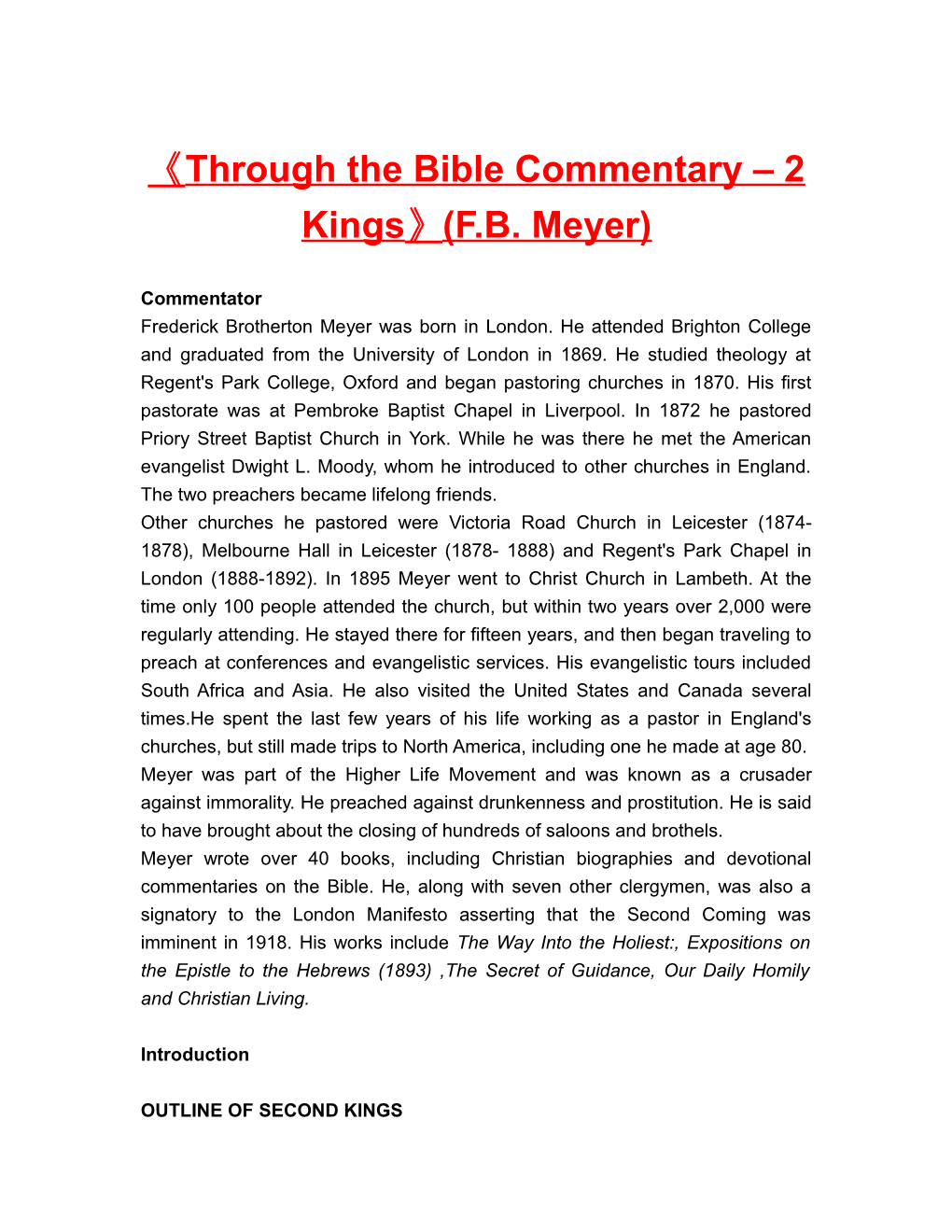 Through the Bible Commentary 2 Kings (F.B. Meyer)