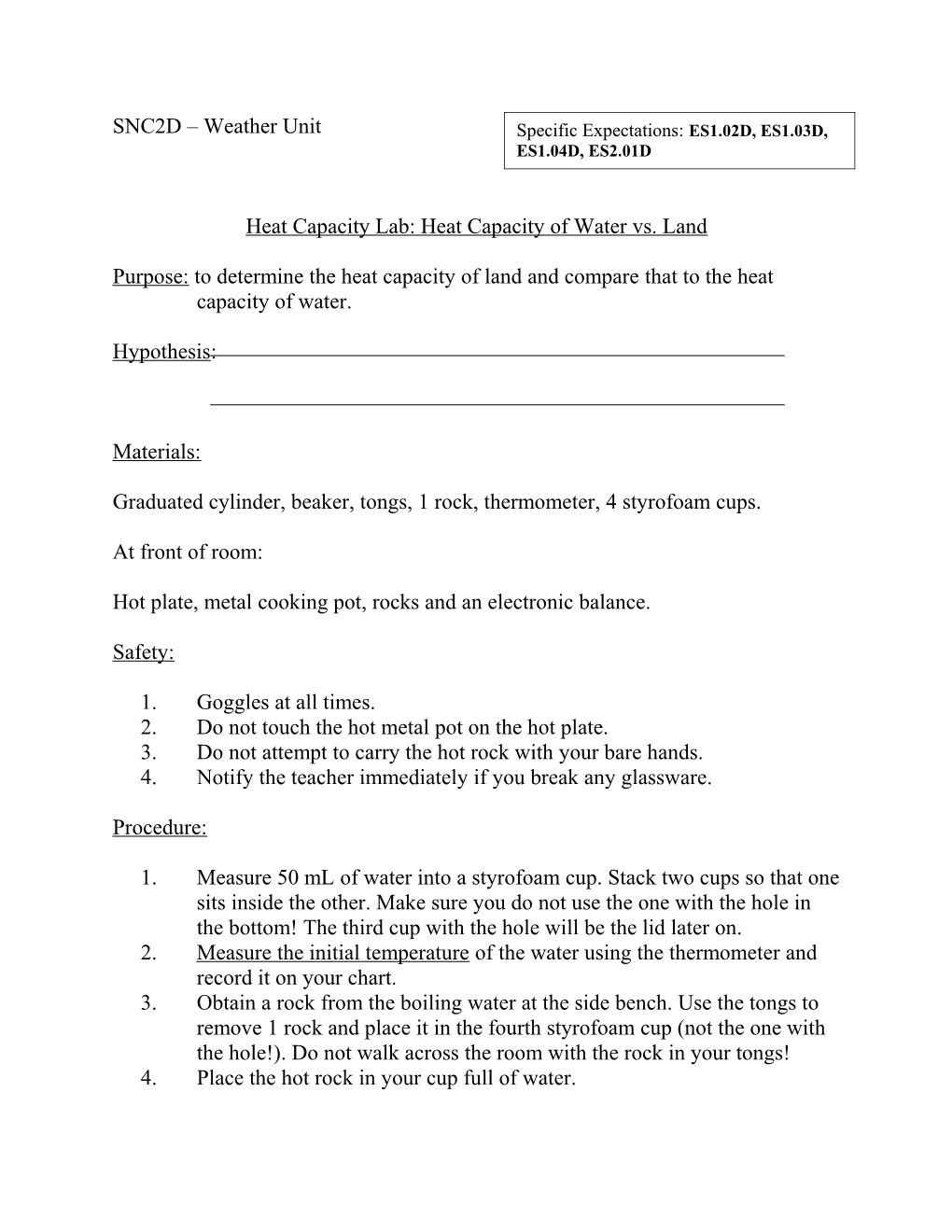 Heat Capacity Lab: Heat Capacity of Water Vs. Land