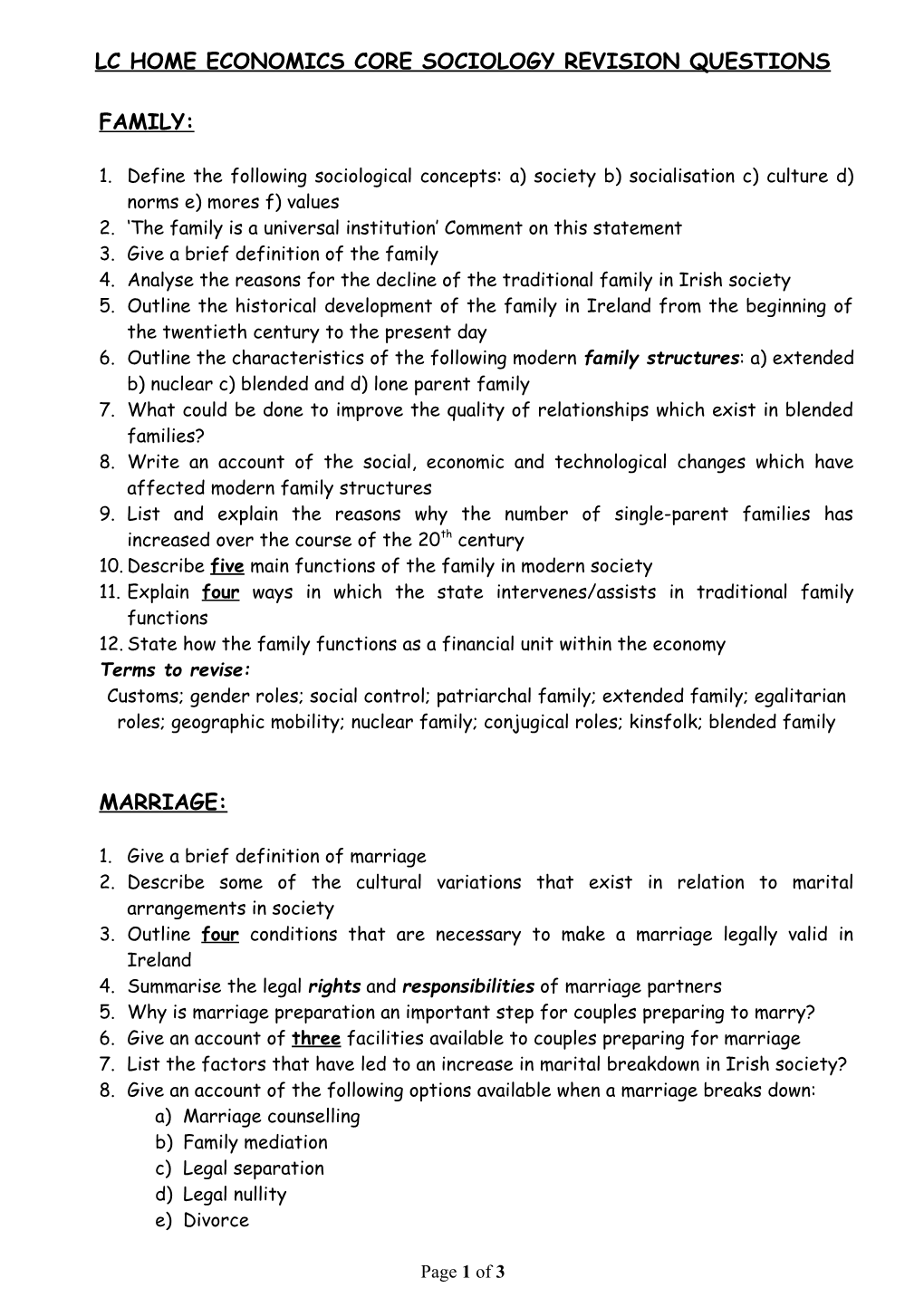 Lc Home Economics Core Sociology Revision Questions