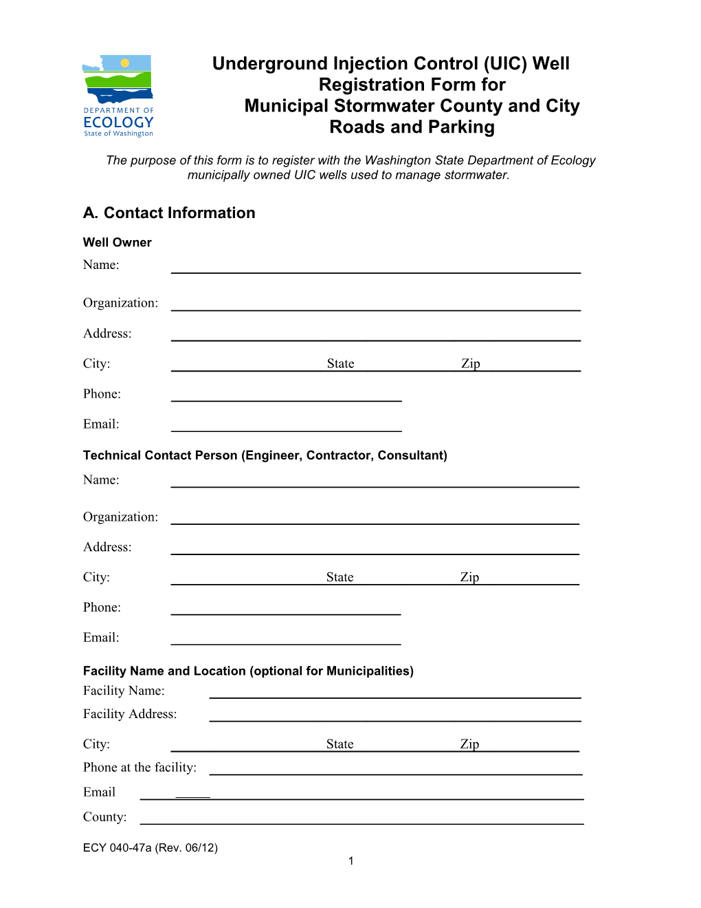 Underground Injection Control (UIC) Well Registration Form for Municipal Stormwater County