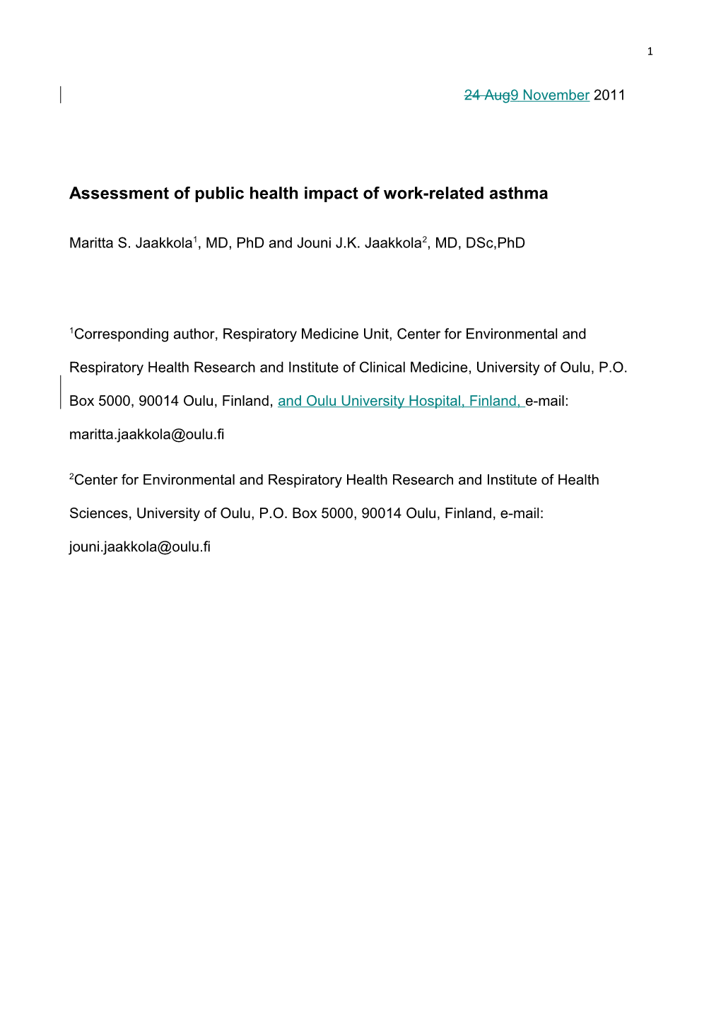 On Assessment of Public Health Impact of Work-Related Asthma