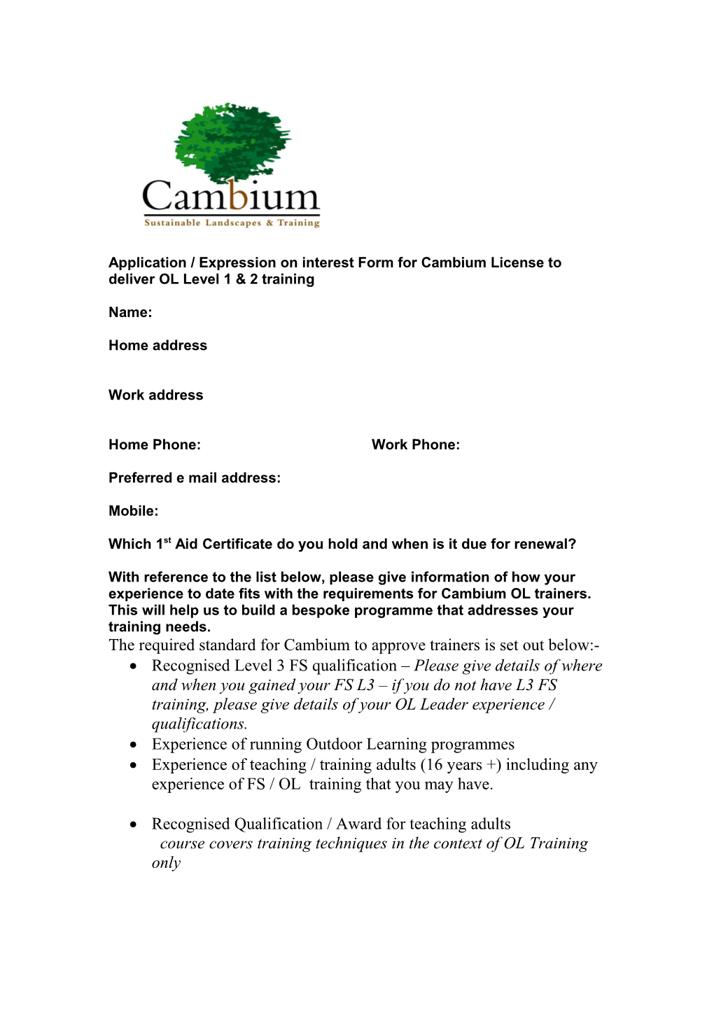 Application Form for Level 3 Forest School Leaders Course 2006/07