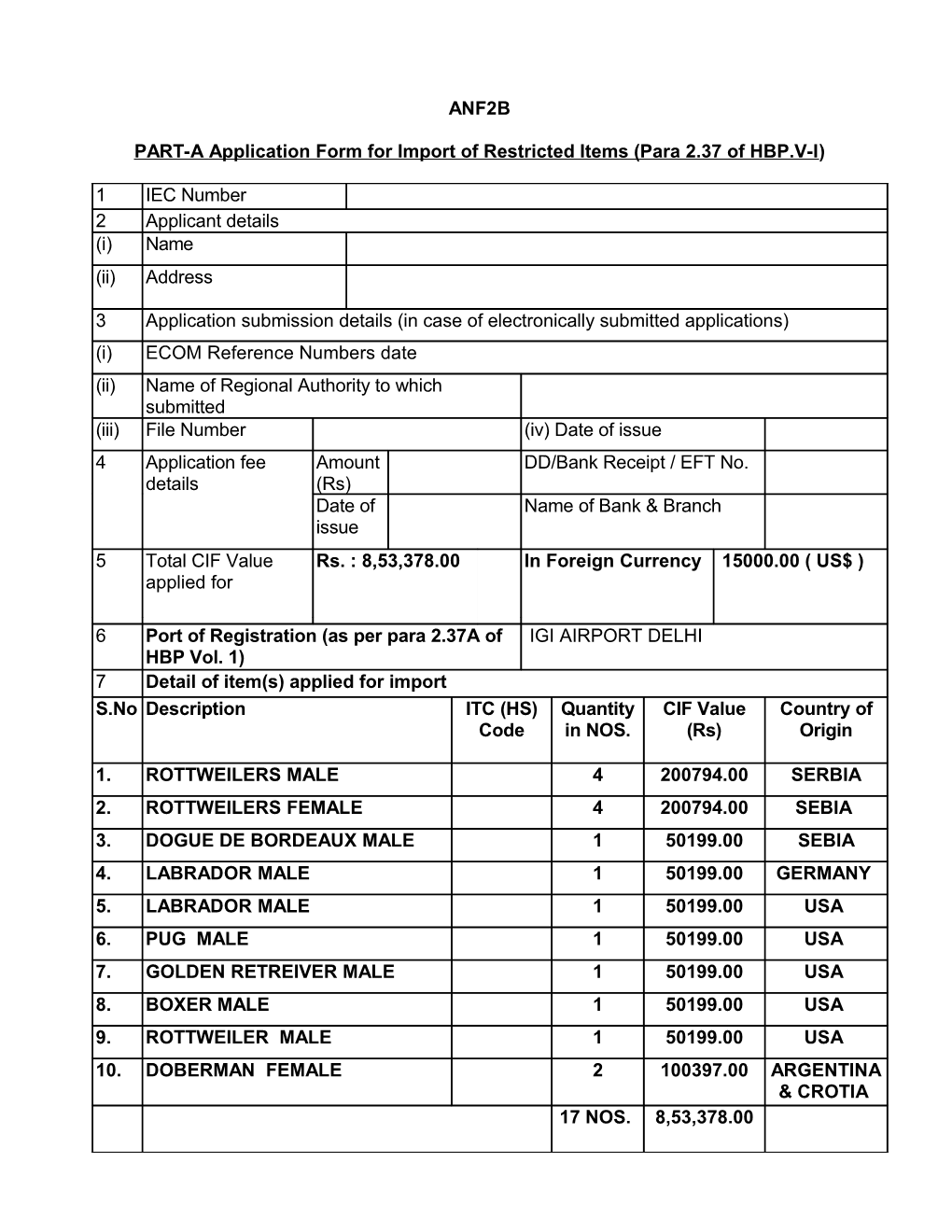 PART-A Application Form for Import of Restricted Items (Para 2.37 of HBP.V-I)