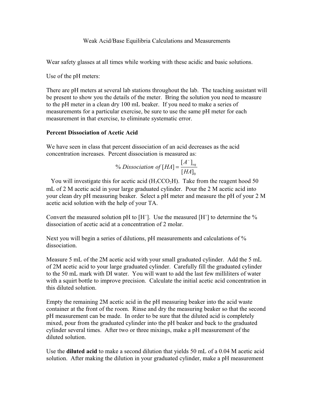 Weak Acid Base Equilibria Calculation and Measurements