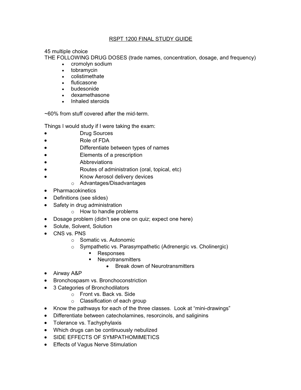 Rspt 1200 Mid-Term Study Guide