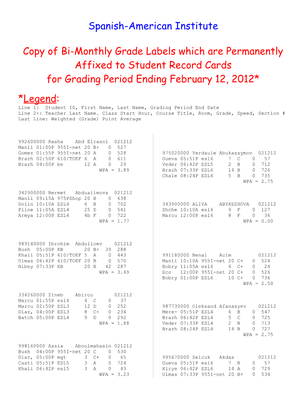 Copy of Grade Labels Permanently Affixes to Student Record Cards for Bi-Montlly Grading