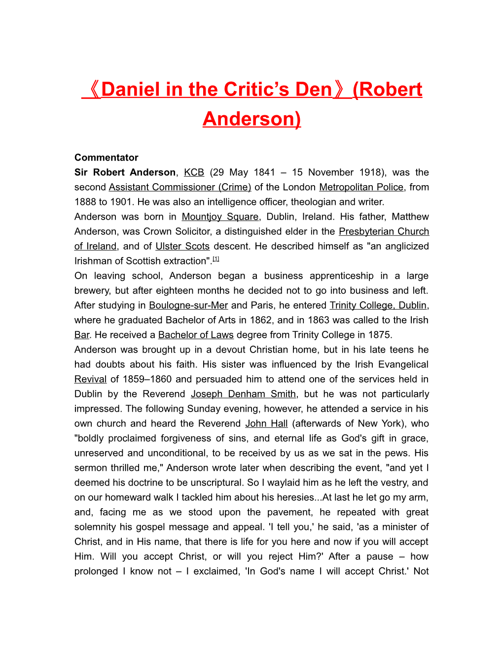 Daniel in the Critic S Den (Robert Anderson)