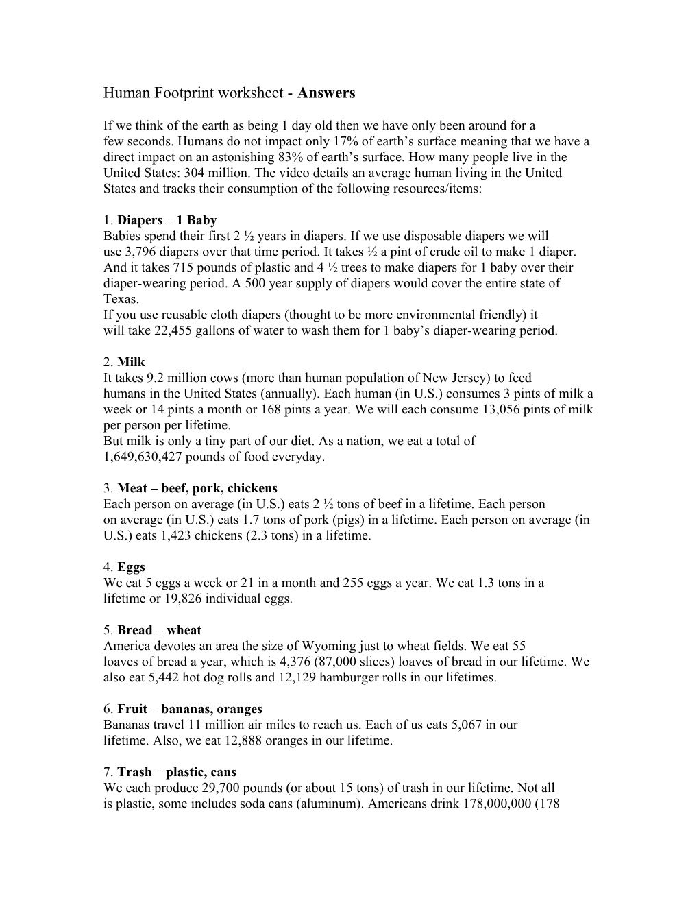 Human Footprint Worksheet - Answers