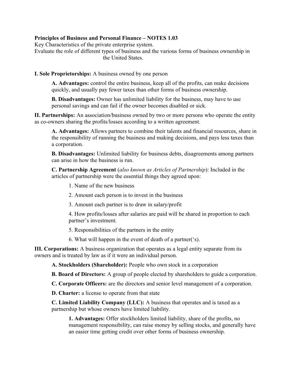 Principles of Business and Personal Finance NOTES 1.03