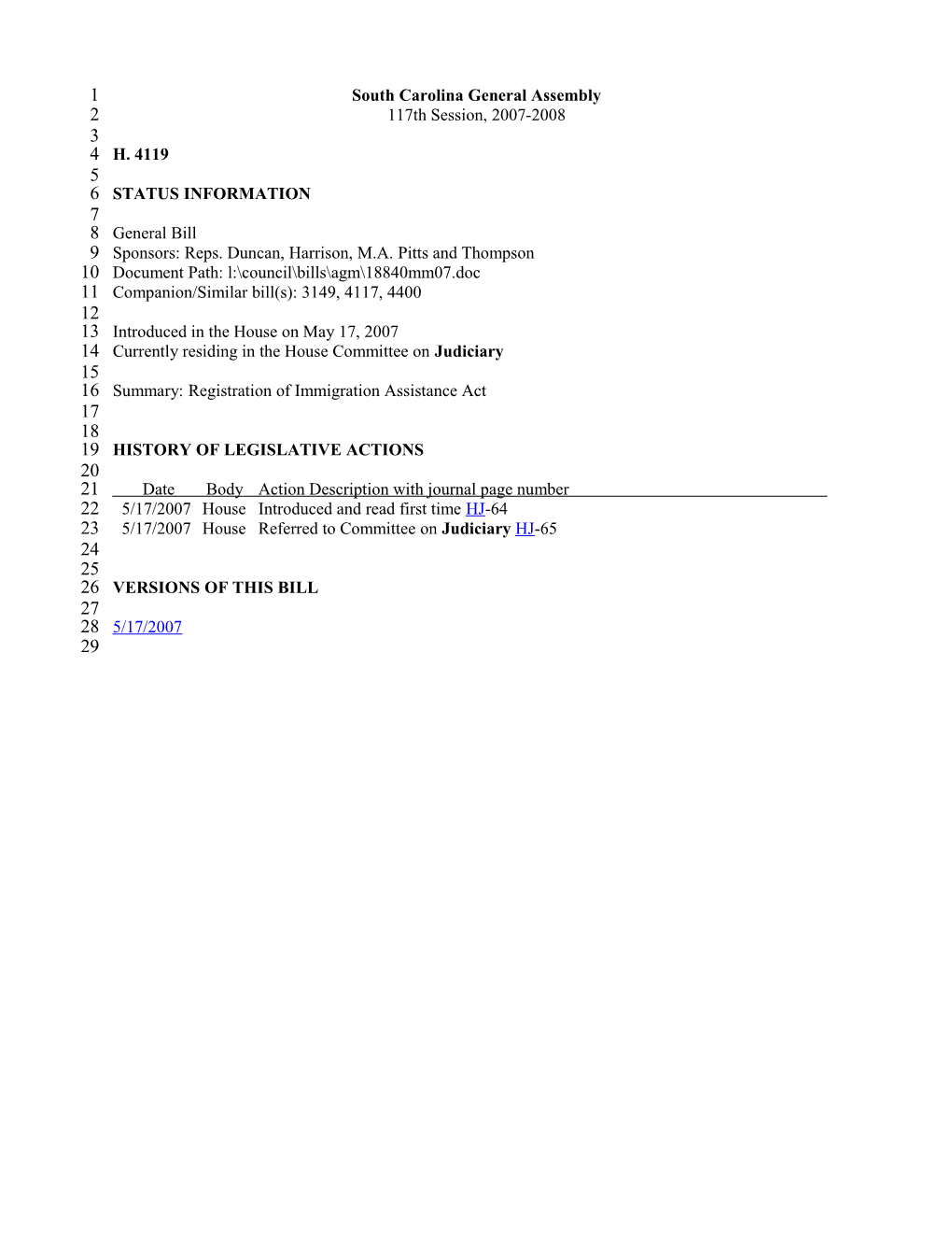 2007-2008 Bill 4119: Registration of Immigration Assistance Act - South Carolina Legislature