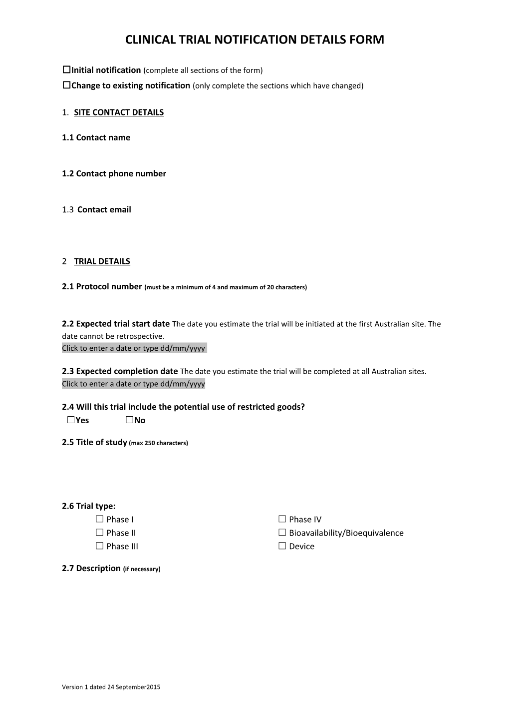 Clinical Trial Notification Details Form