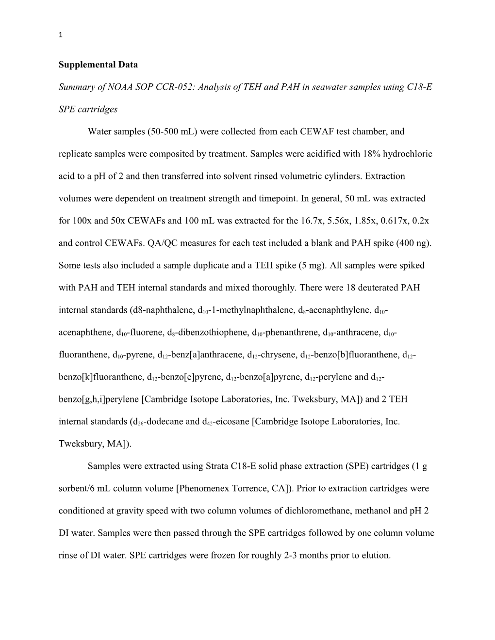 Summary of NOAA SOP CCR-052: Analysis of TEH and PAH in Seawater Samples Using C18-E SPE