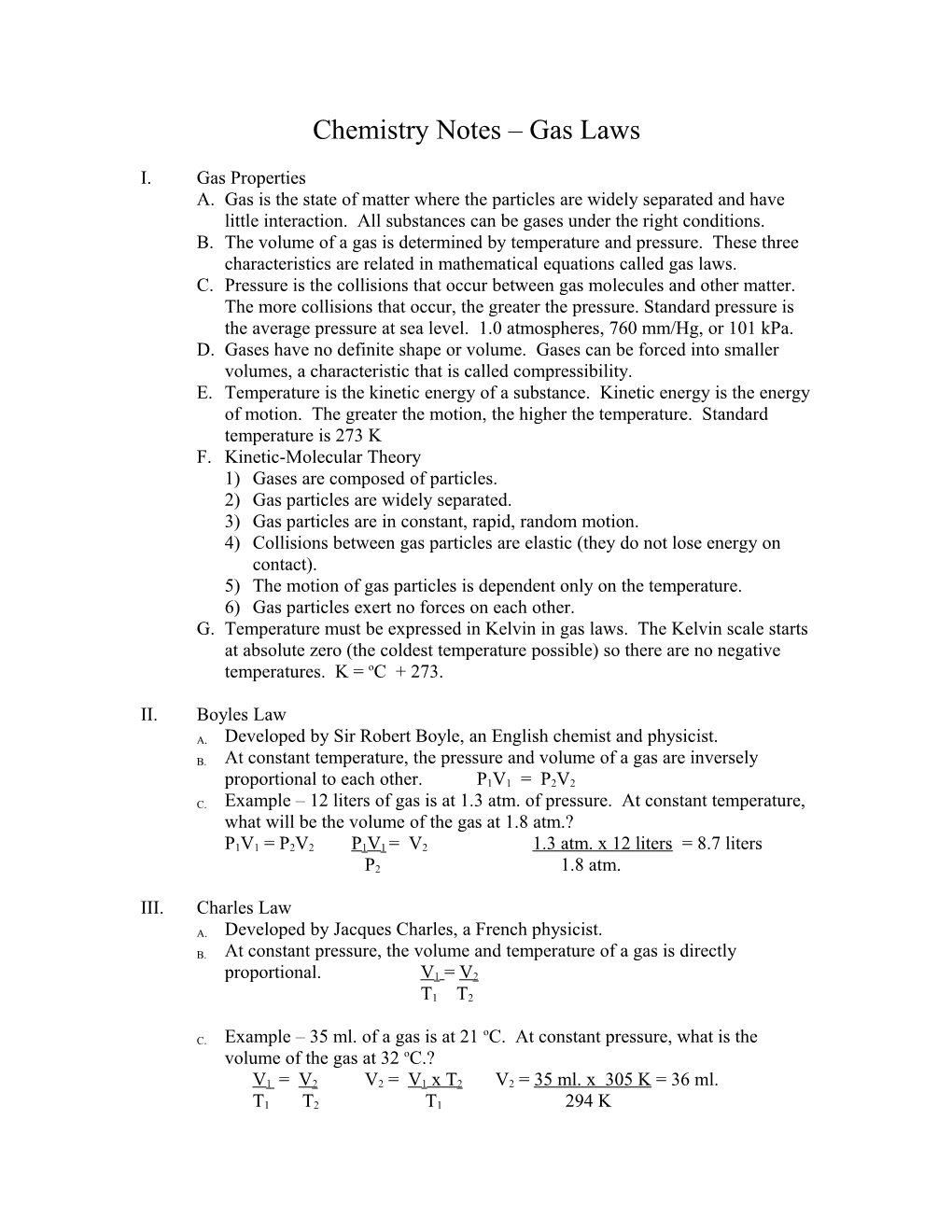 Chemistry Notes Gas Laws