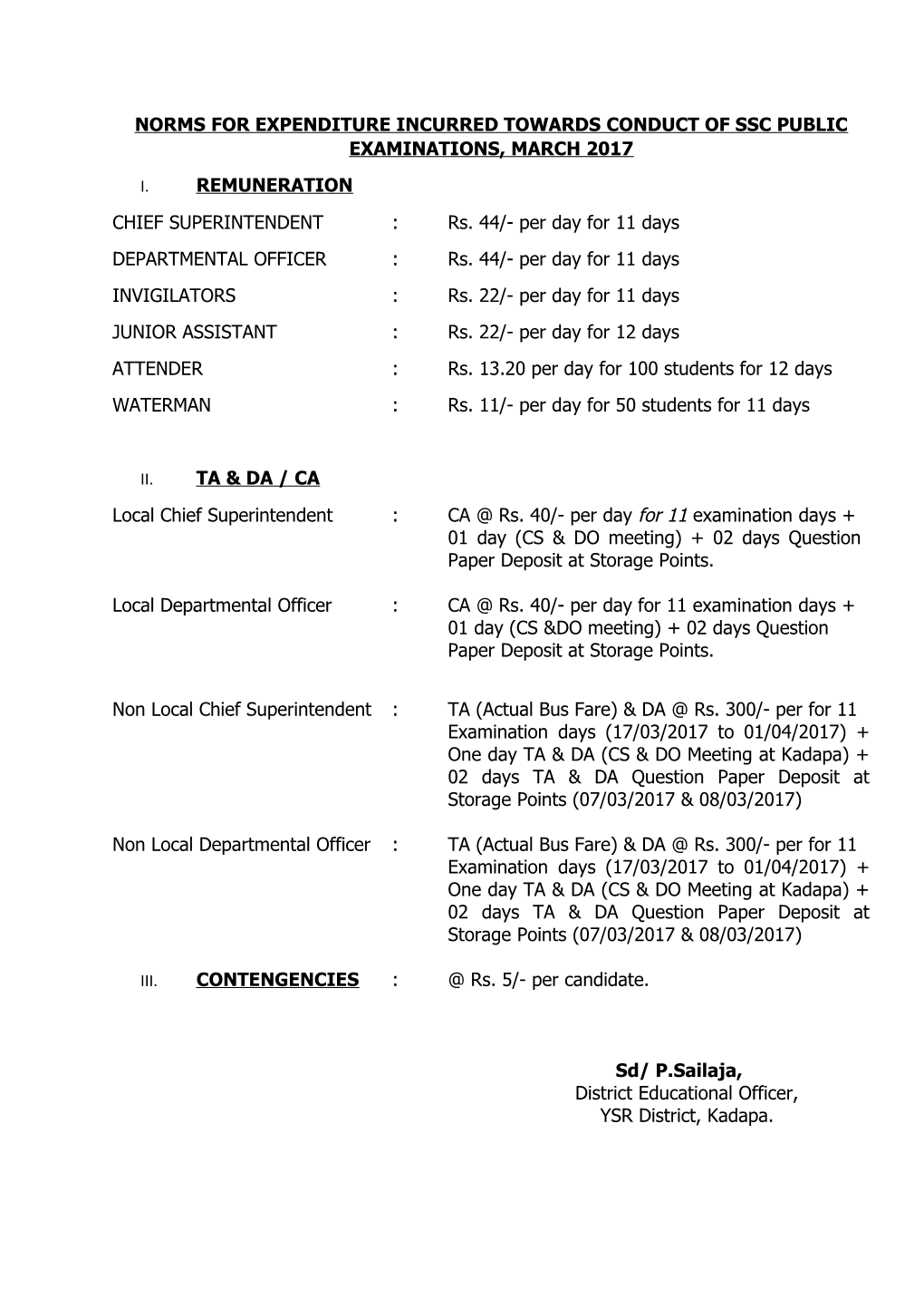 Norms for Expenditure Incurred Towards Conduct of Ssc Public Examinations, March 2017