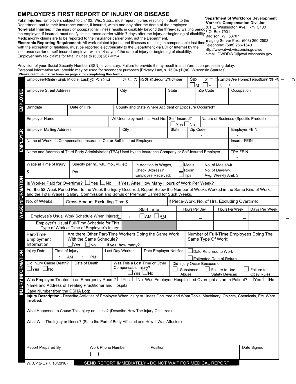 WKC-12-E, Employer's First Report of Injury Or Disease