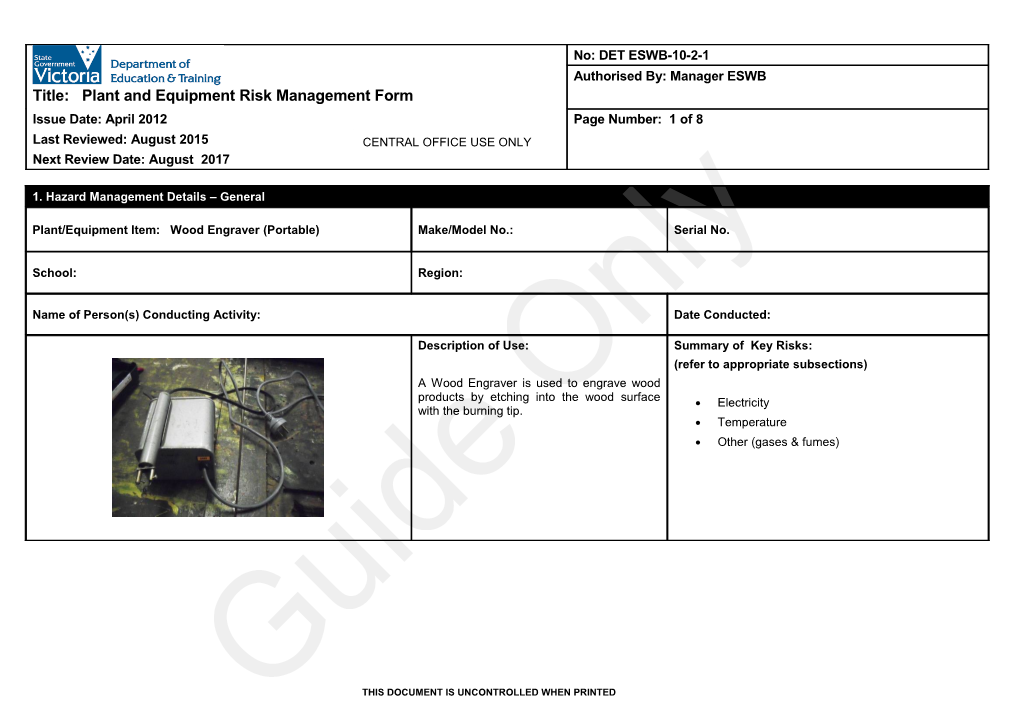 Plant and Equipment Risk Management Form - Wood Engraver (Portable)