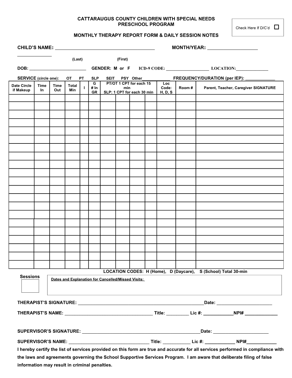 Monthly Therapy Report Form & Daily Session Notes