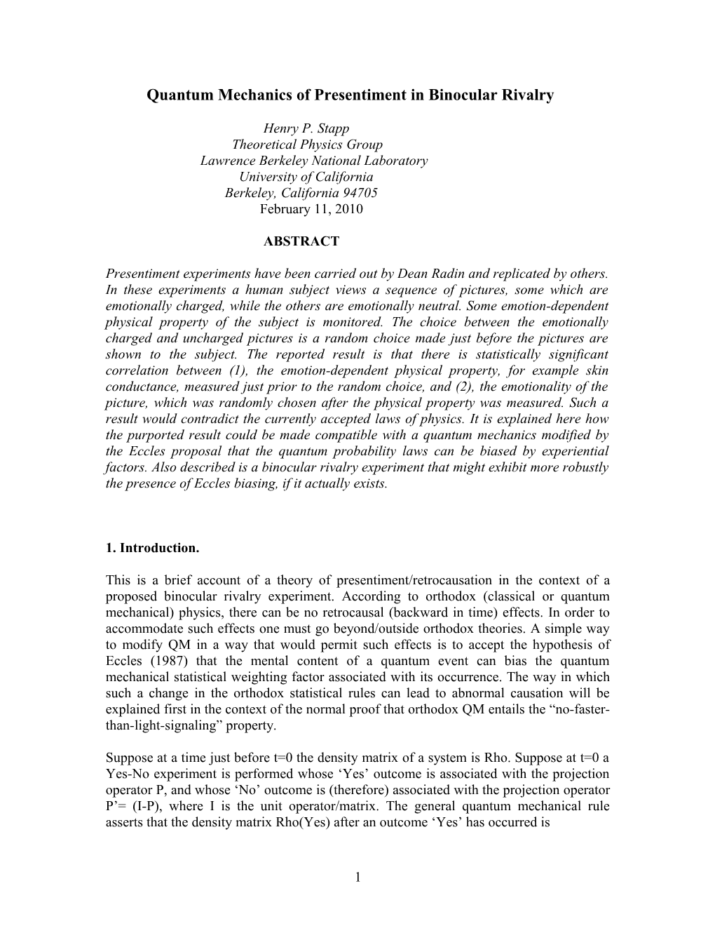 Quantum Mechanics of Presentiment in Binocular Rivalry