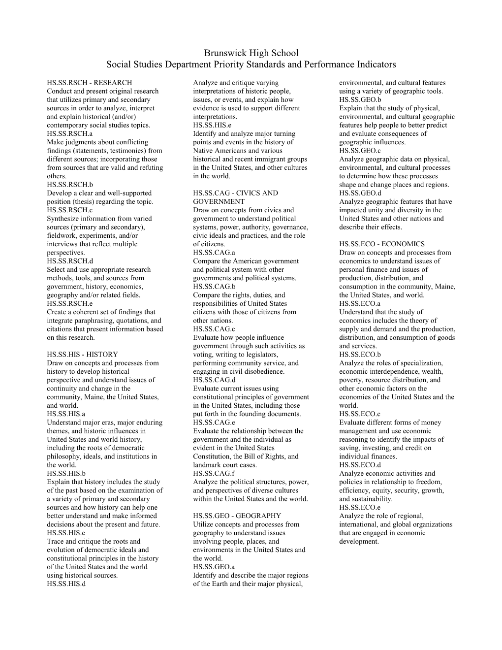 Social Studies Department Priority Standards and Performance Indicators