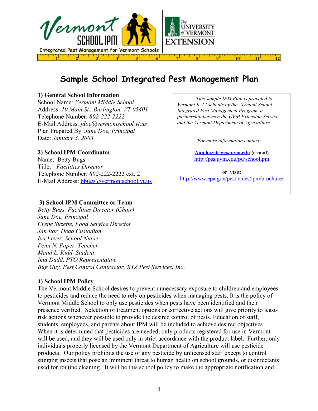 Sample School Integrated Pest Management Plan