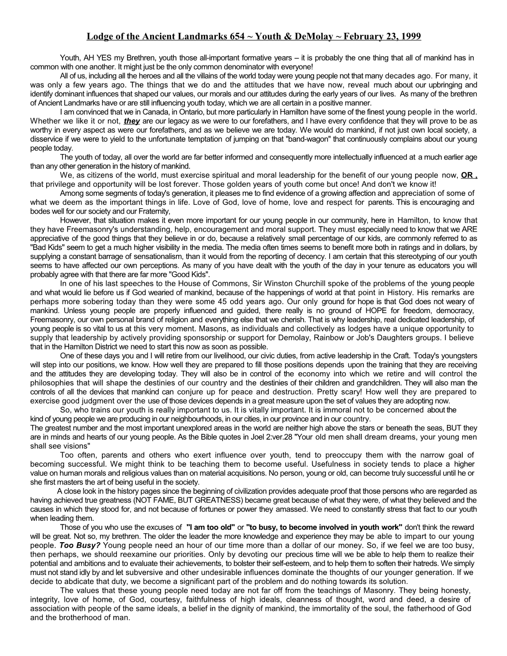 Lodge of the Ancient Landmarks 654 Youth & Demolay February 23, 1999