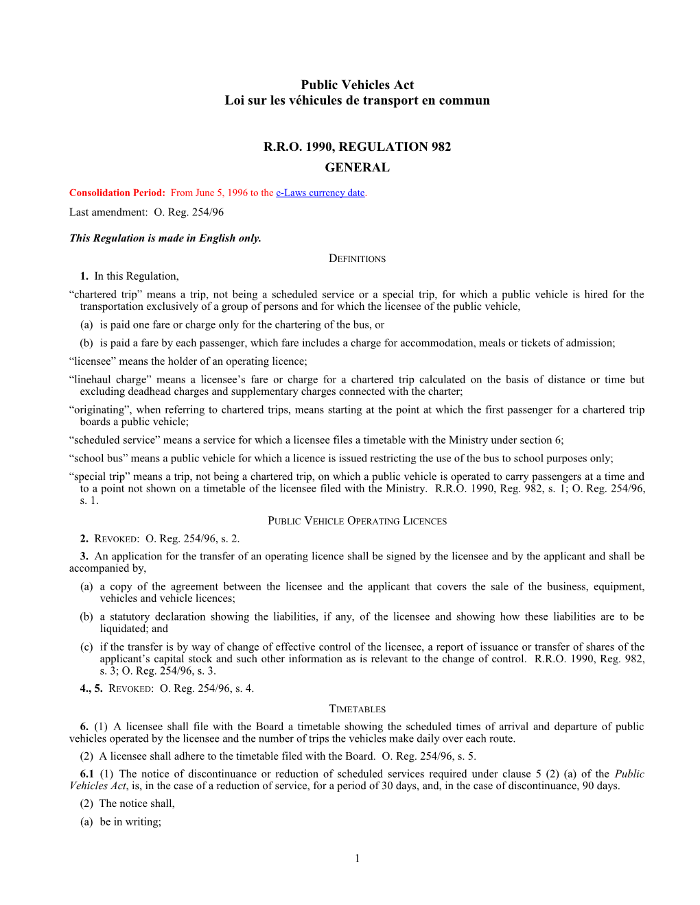 Public Vehicles Act - R.R.O. 1990, Reg. 982
