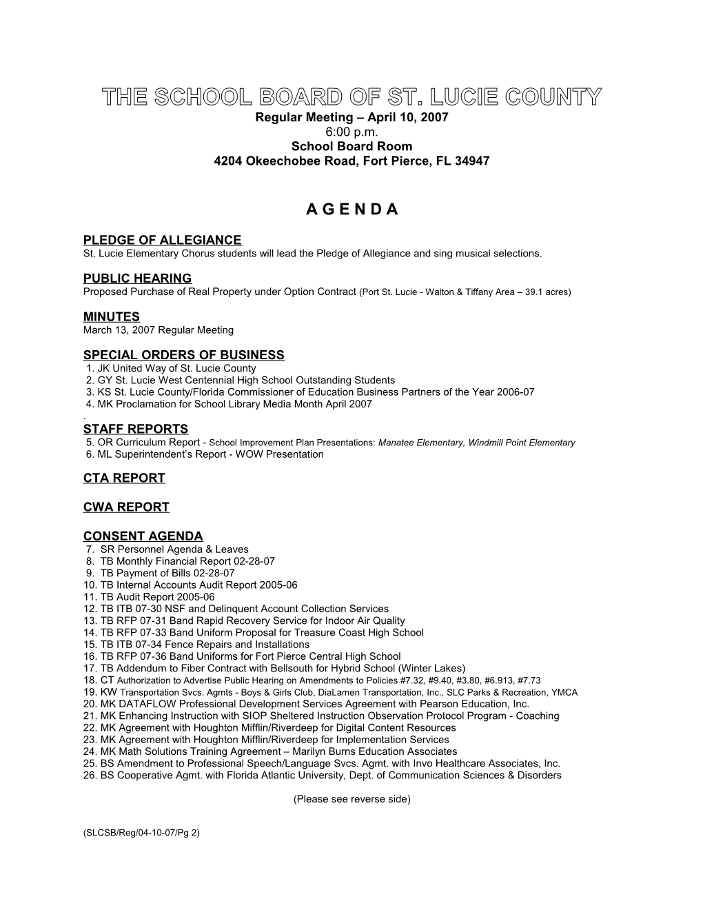 04-10-07 SLCSB Regular Meeting Agenda