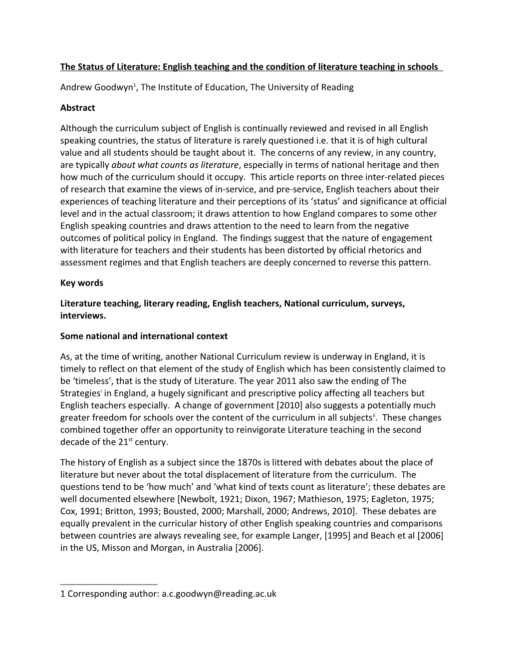 The Condition of Literature: English Teaching and the Status of Literature in Schools 29-3-11