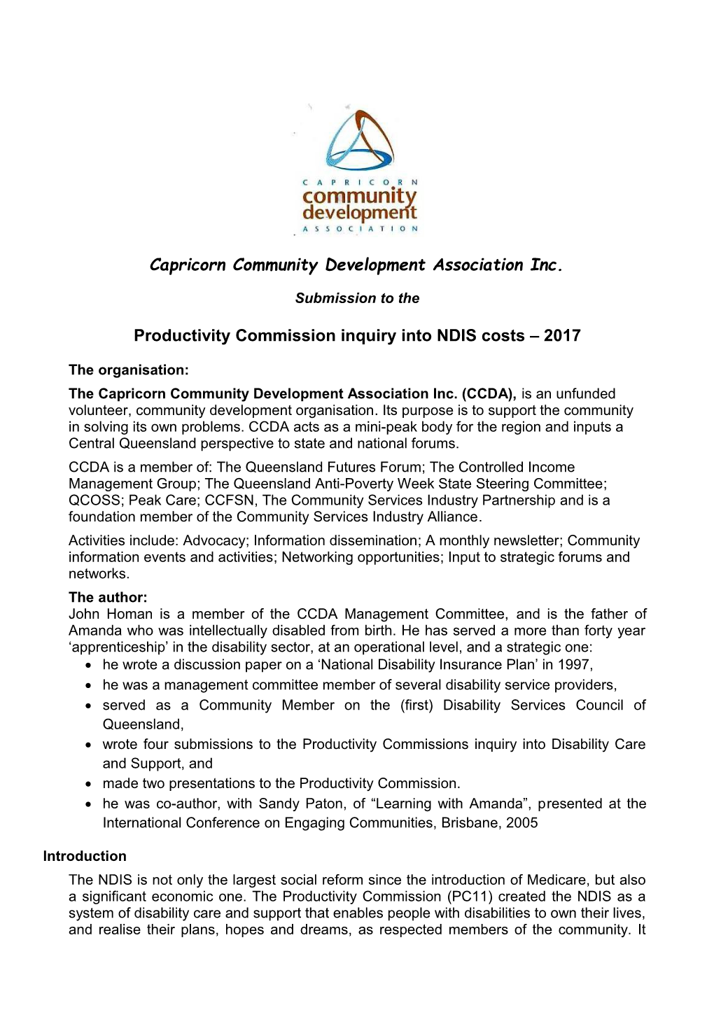 Submission 142 - Capricorn Community Development Association Inc (CCDA) - National Disability