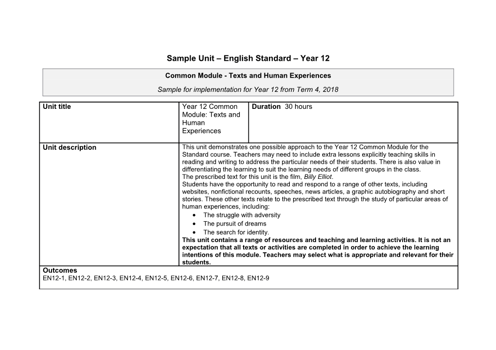 Sample Unit - Year 12 English Standard Common Module