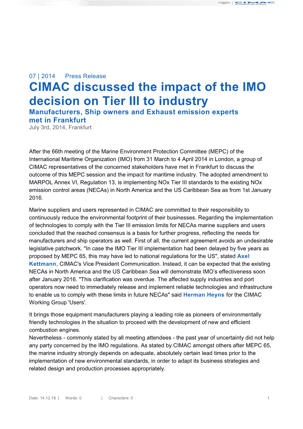 CIMAC Discussed the Impact of the IMO Decision on Tier III to Industry