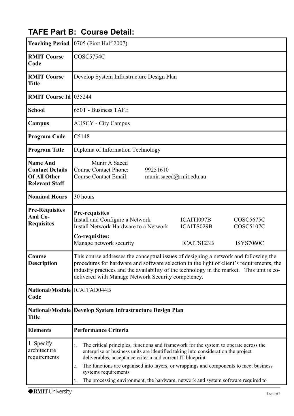 TAFE Part B: Course Detail: Blank Template