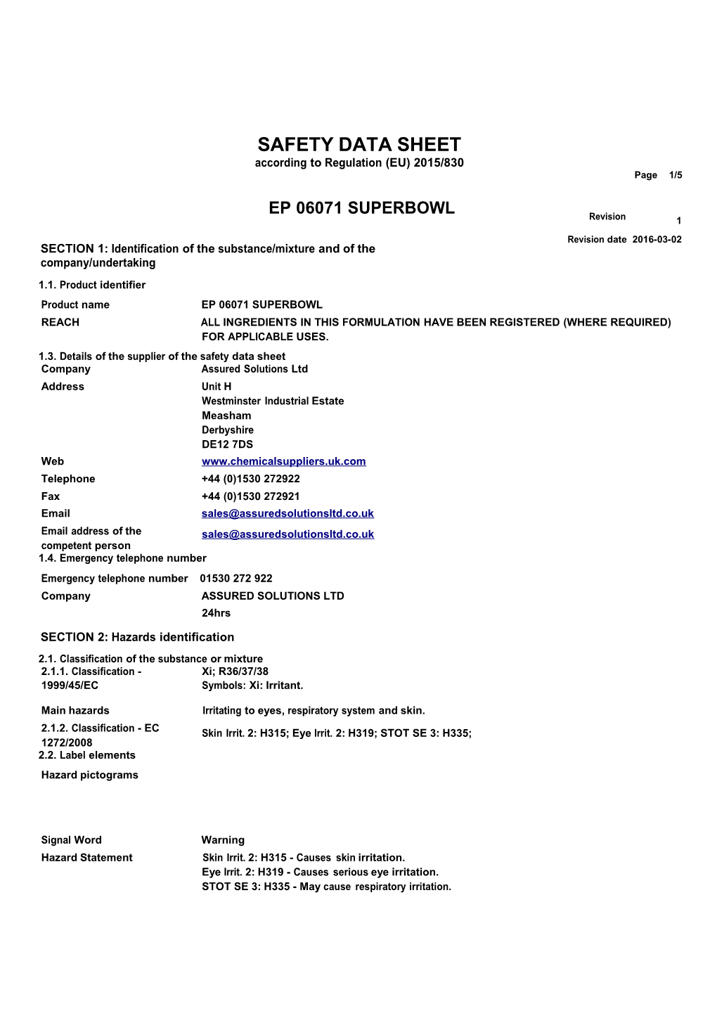 SECTION1:Identificationofthesubstance/Mixtureandofthecompany/Undertaking