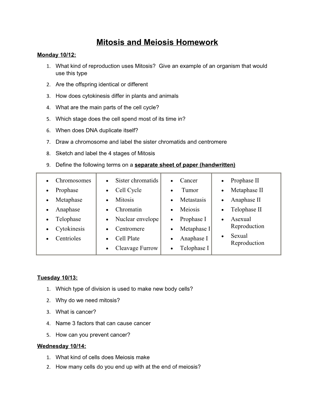 Mitosis and Meiosis Homework