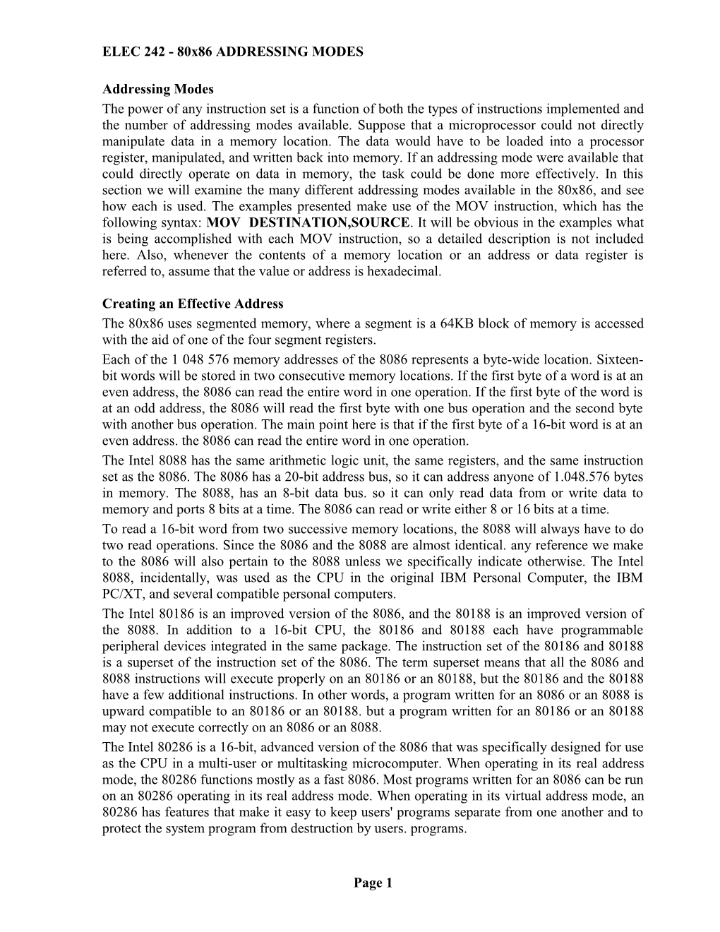ELEC 242 - 80X86 ADDRESSING MODES