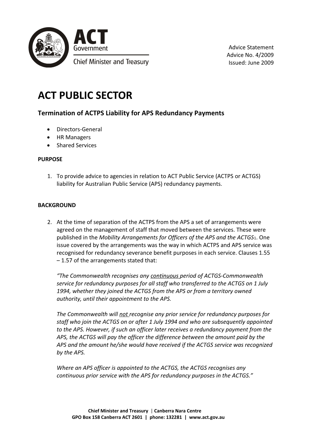 Termination of ACTPS Liability for APS Redundancy Payments