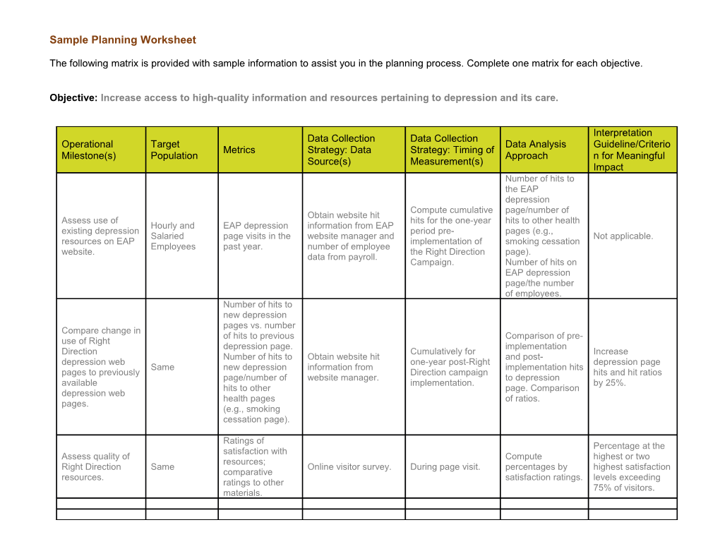 Sample Planning Worksheet