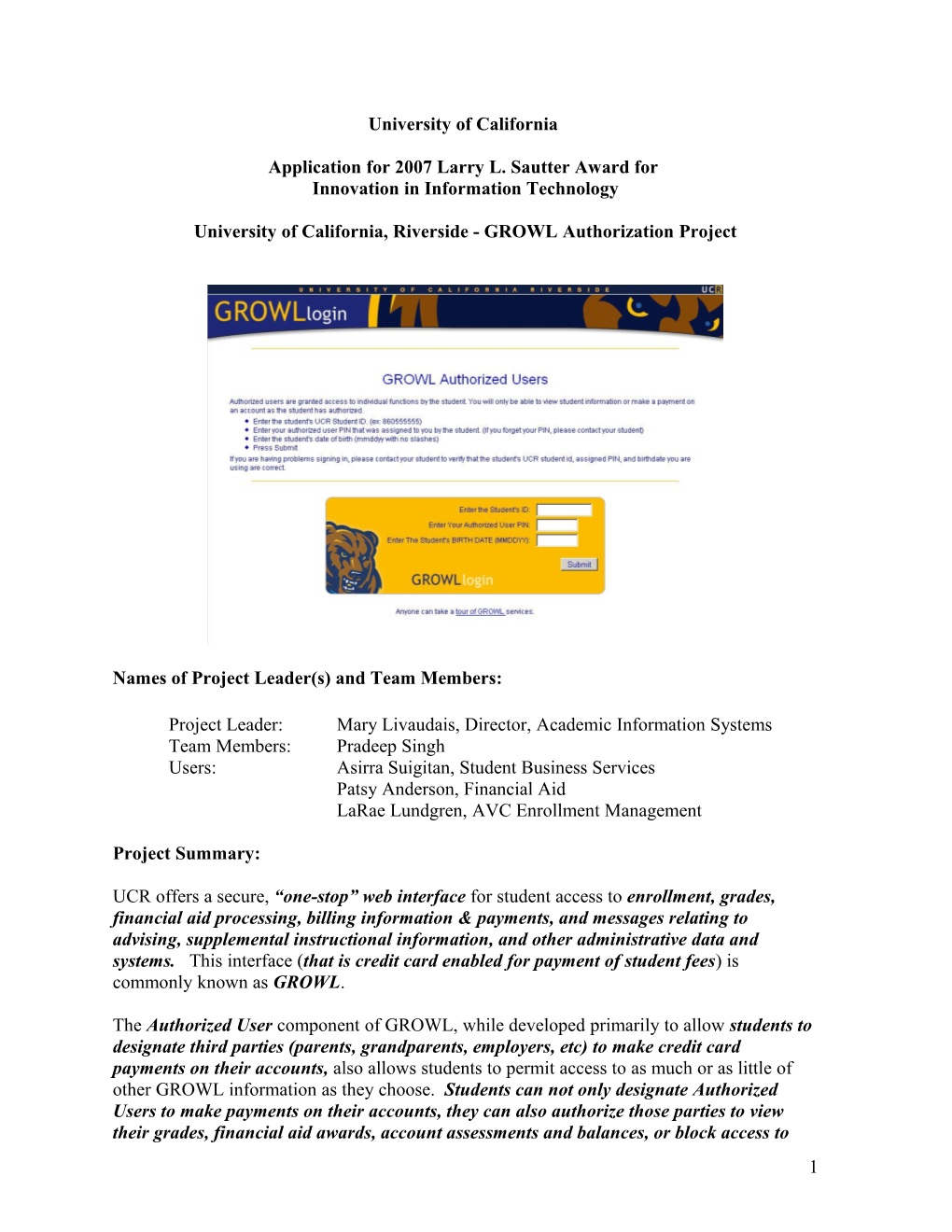 Application for 2007 Larry L. Sautter Award For