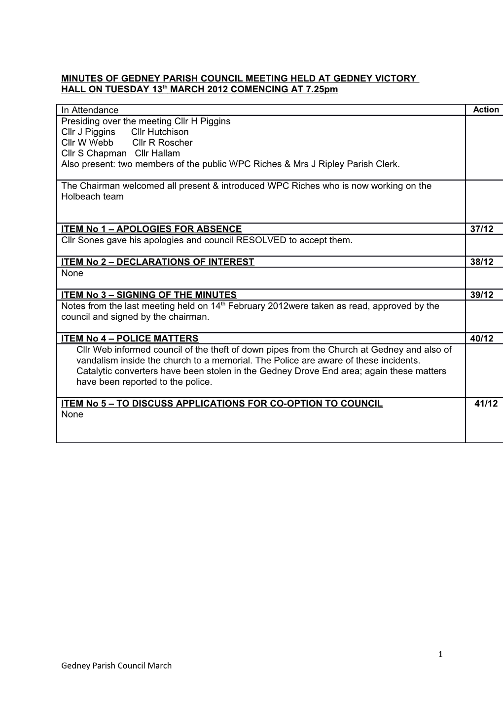 MINUTES of GEDNEY PARISH COUNCIL MEETING HELD at GEDNEY VICTORY HALL on TUESDAY 13Th MARCH