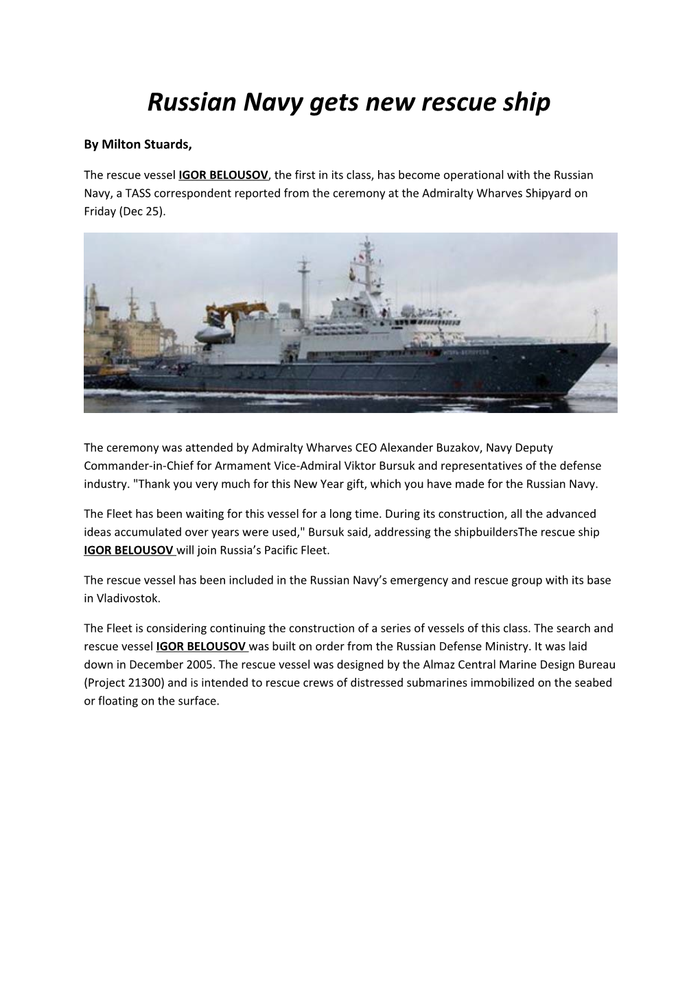 Russian Navy Gets New Rescue Ship