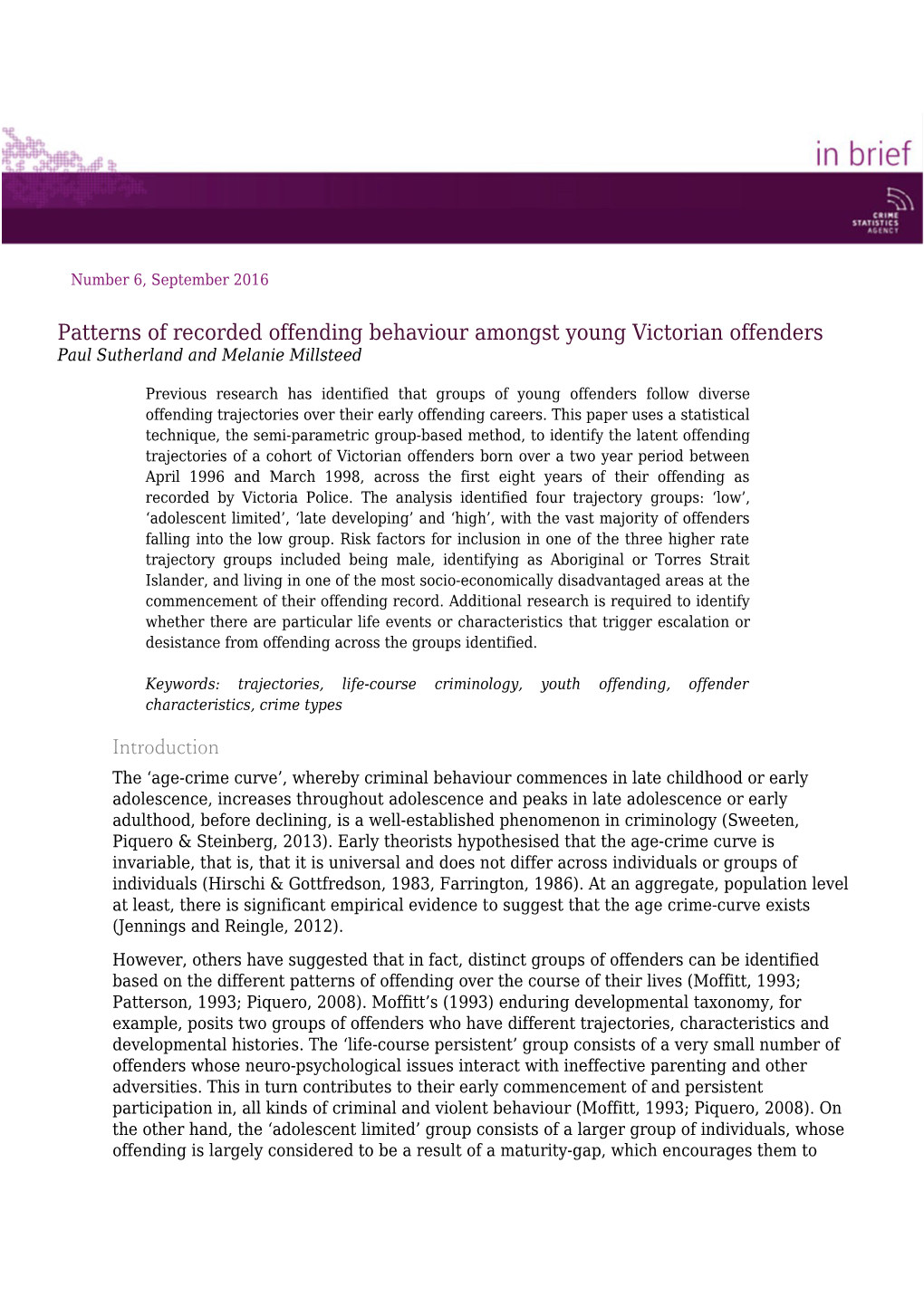 Patterns of Recorded Offending Behaviour Amongst Young Victorian Offenders