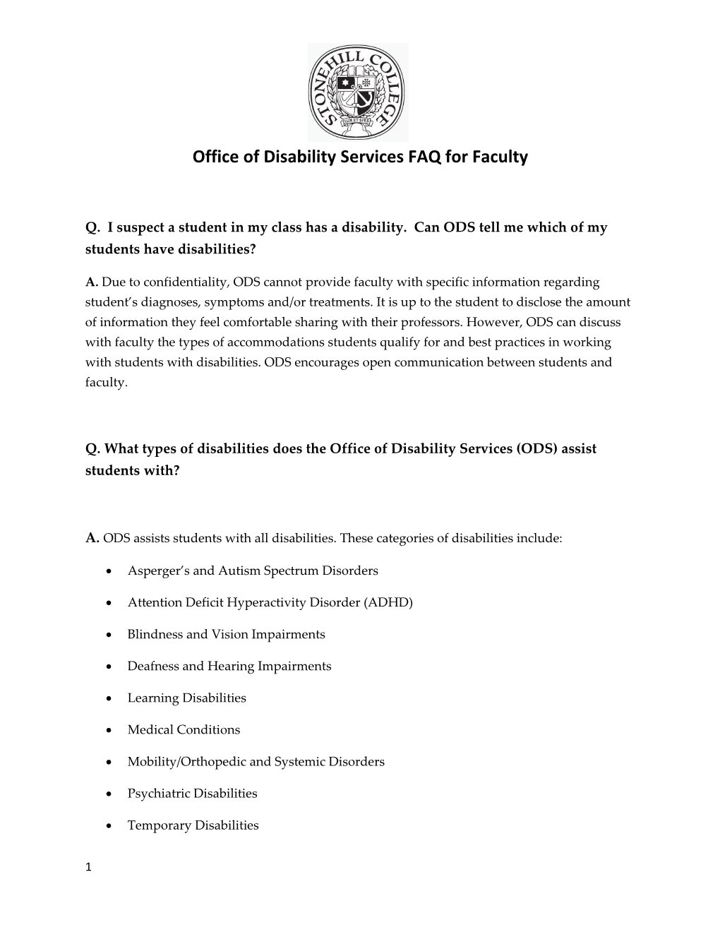 Office of Disability Services FAQ for Faculty