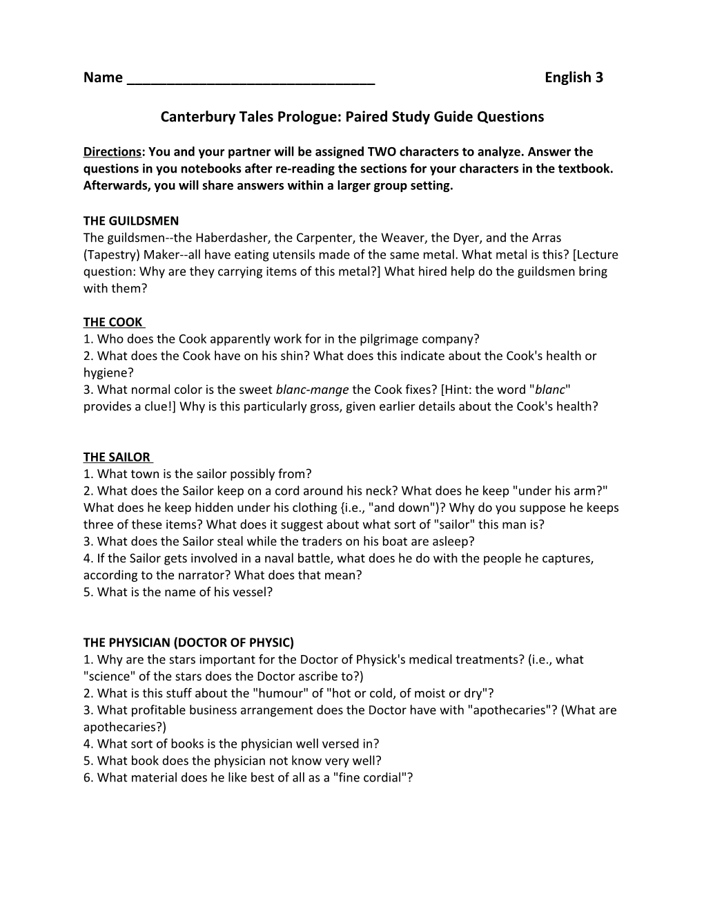 Canterbury Tales Prologue: Paired Study Guide Questions