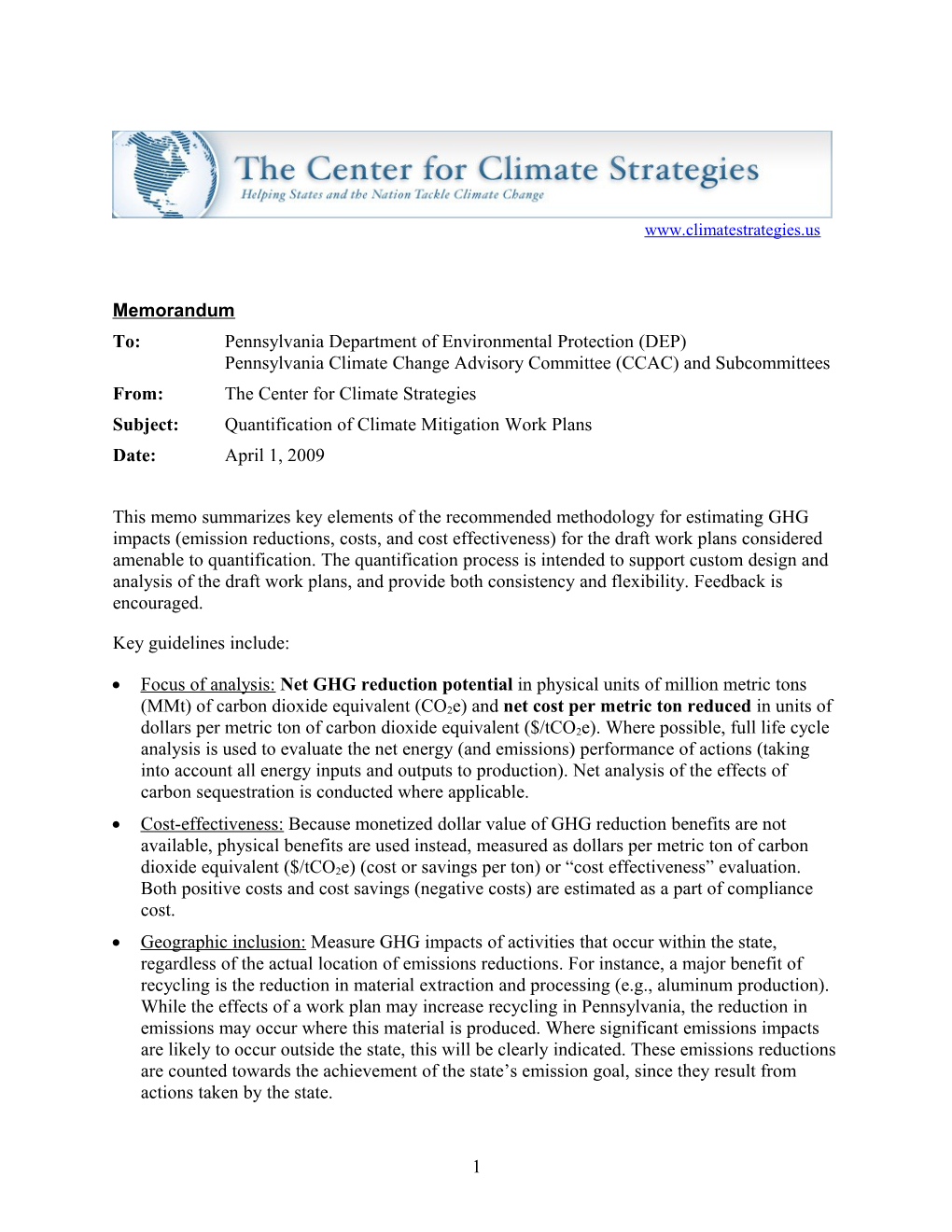 Methods for Quantification of Draft Greenhouse Gas (GHG) Benefits and Costs for Policy Options