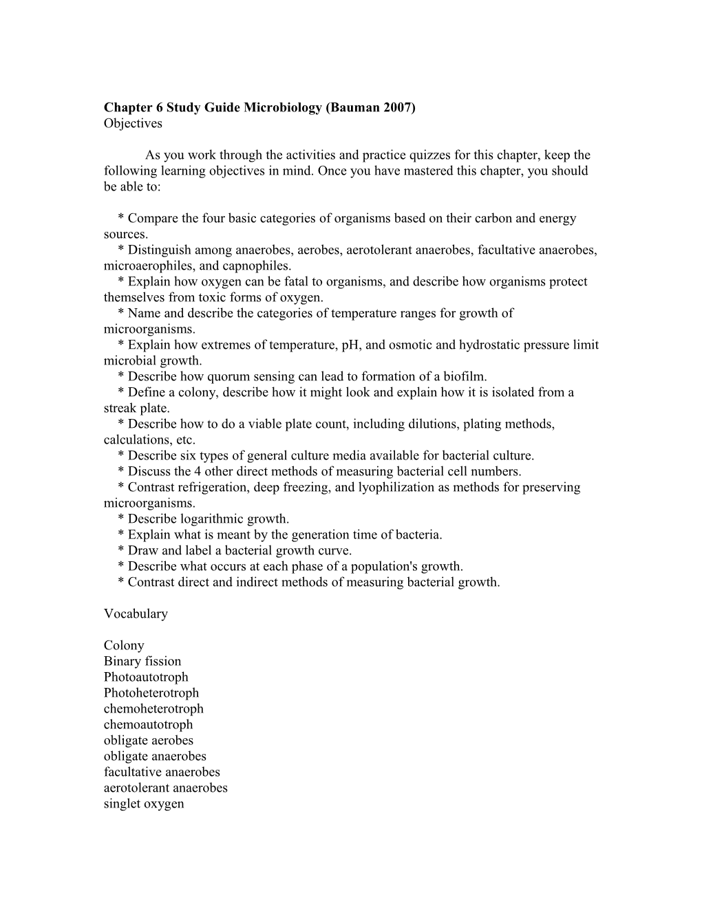 Chapter 6 Study Guide Microbiology (Bauman 2007)