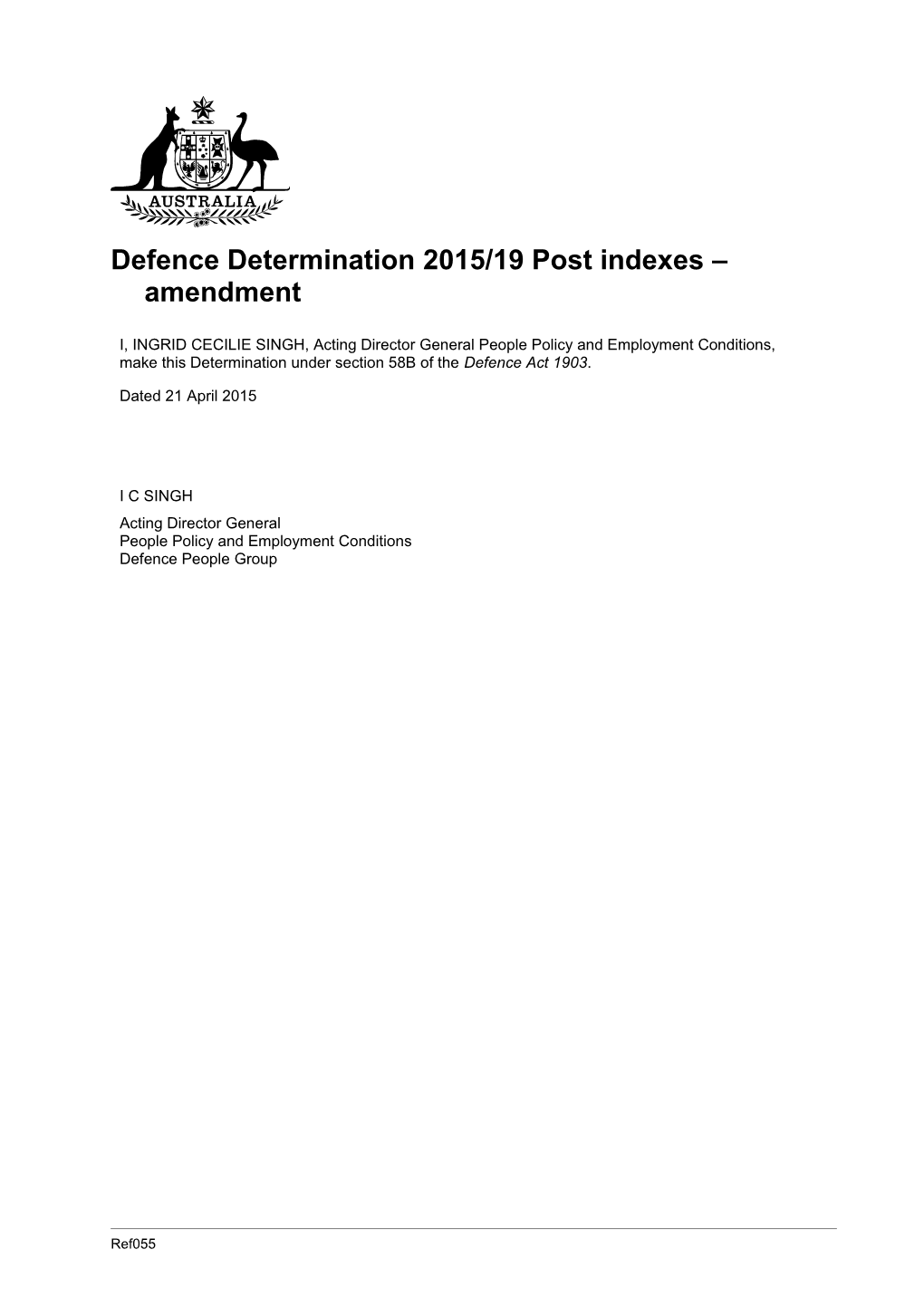 Defence Determination2015/19Post Indexes Amendment